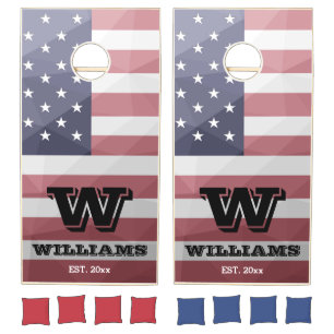 USA flag Red White Blue Geometric Mesh Monogram Cornhole Set