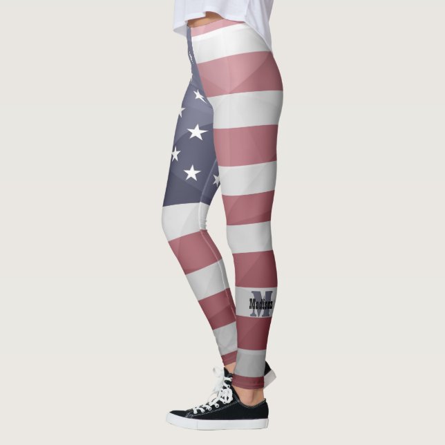 USA flag Red White Blue Geometric Mesh Monogram Leggings (Left)