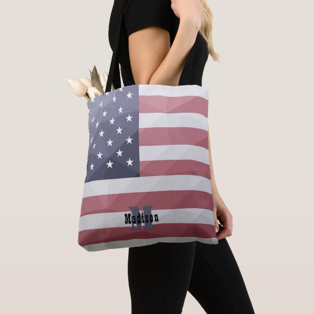 USA flag Red White Blue Geometric Mesh Monogram Tote Bag (Close Up)