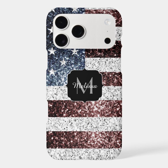 USA flag red white blue rustic sparkles Monogram iPhone Case (Back)