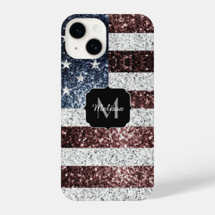 USA flag red white blue rustic sparkles Monogram iPhone 14 Case