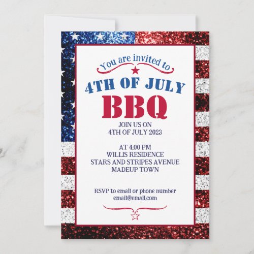 USA flag red white blue sparkles 4th July BBQ Invitation