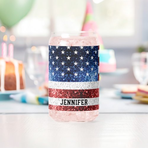 USA flag red white blue sparkles bling Custom name Can Glass