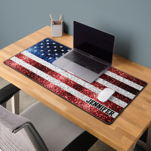 USA flag red white blue sparkles bling Custom name Desk Mat