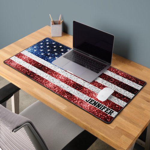 USA flag red white blue sparkles bling Custom name Desk Mat