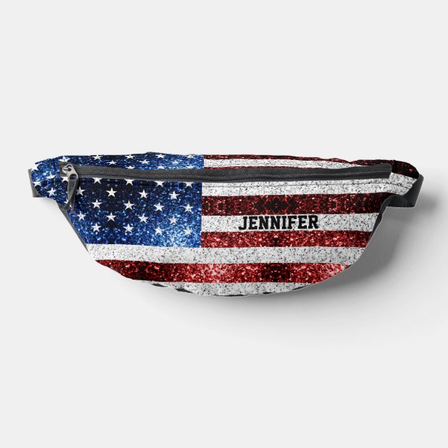 USA flag red white blue sparkles bling Custom name Fanny Pack (Lay Down)