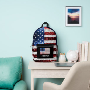 USA flag red white blue sparkles bling Custom name Printed Backpack