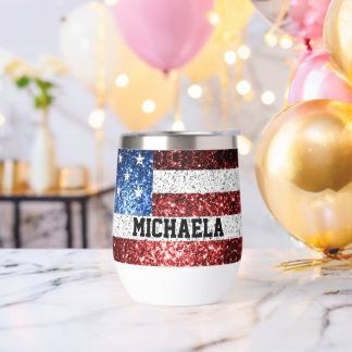 USA flag red white blue sparkles bling Custom name Thermal Wine Tumbler