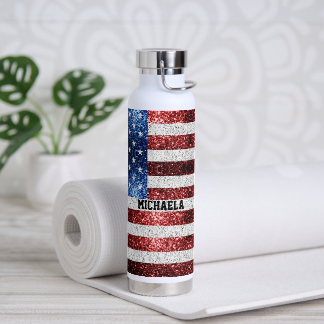 USA flag red white blue sparkles bling Custom name Water Bottle (Yoga)