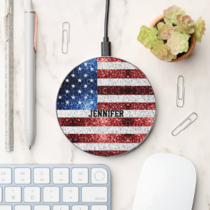 USA flag red white blue sparkles bling Custom name Wireless Charger