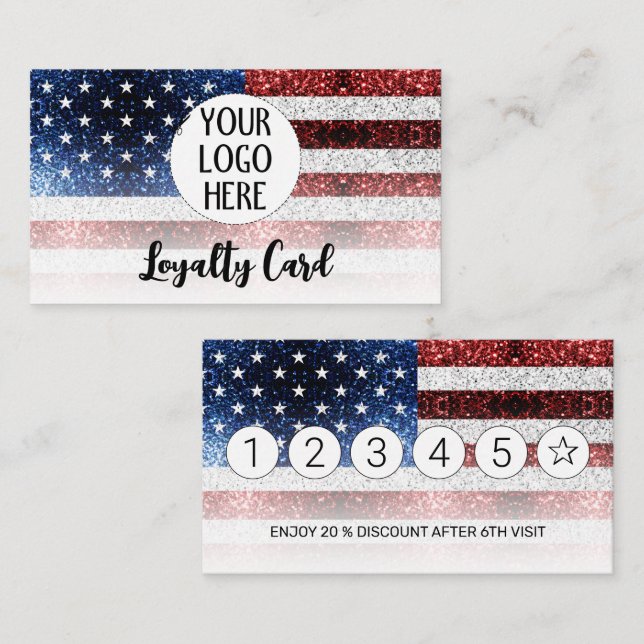 USA flag red white blue sparkles Custom Logo Loyalty Card (Front/Back)