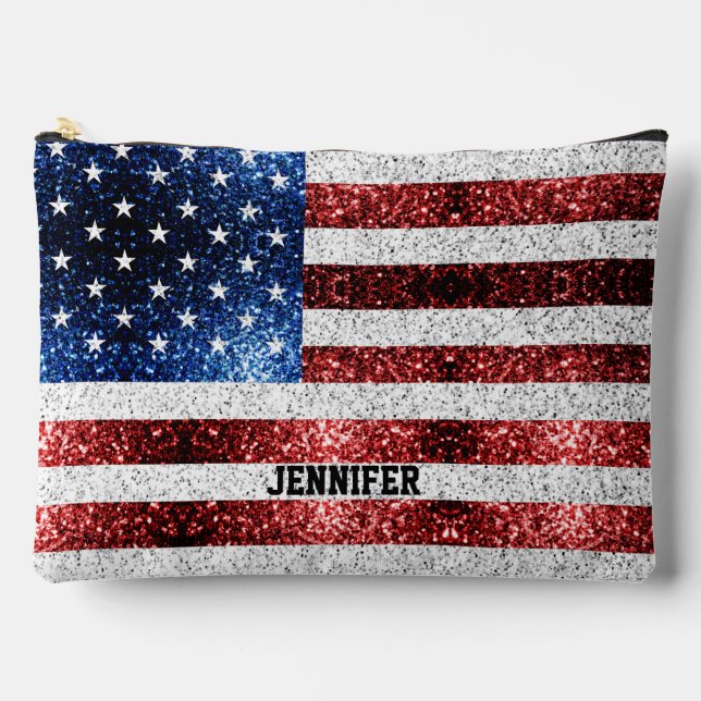 USA flag red white blue sparkles Custom name Accessory Pouch (Front)