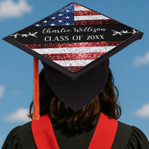 USA flag red white blue sparkles Custom name Class Graduation Cap Topper