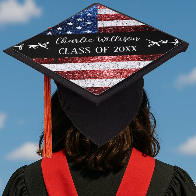 USA flag red white blue sparkles Custom name Class Graduation Cap Topper (Creator Uploaded)
