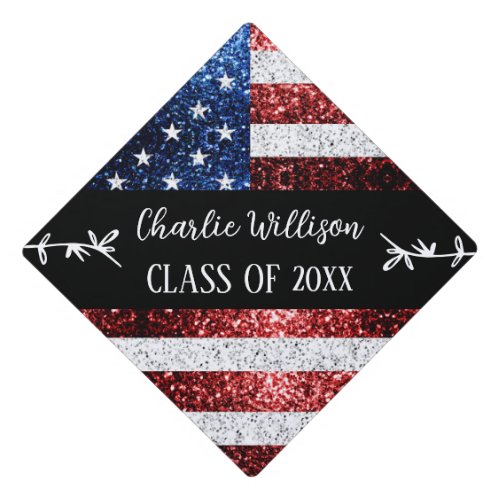 USA flag red white blue sparkles Custom name Class Graduation Cap Topper
