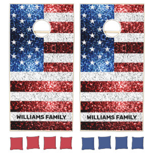 USA flag red white blue sparkles Custom name Cornhole Set