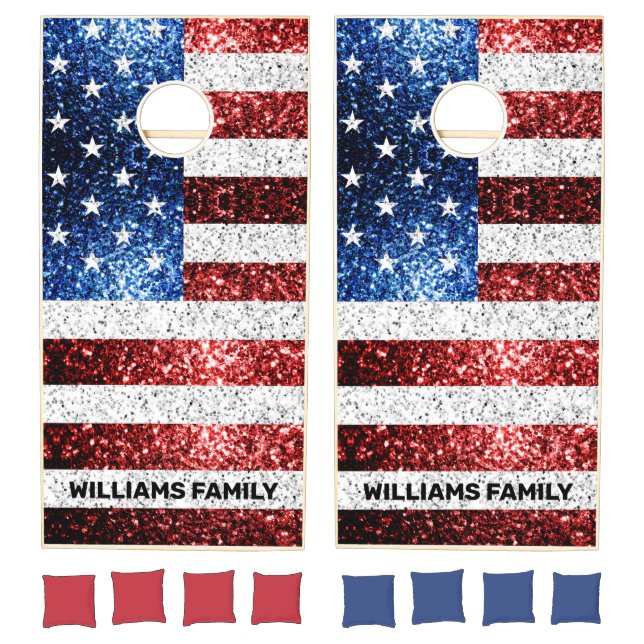 USA flag red white blue sparkles Custom name Cornhole Set (Set)