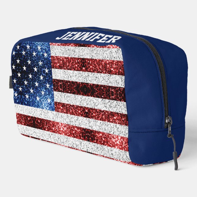 USA flag red white blue sparkles Custom name Dopp Kit (Right Corner)