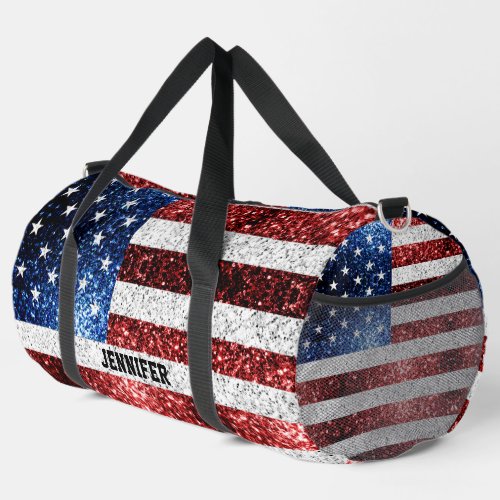 USA flag red white blue sparkles Custom name Duffle Bag