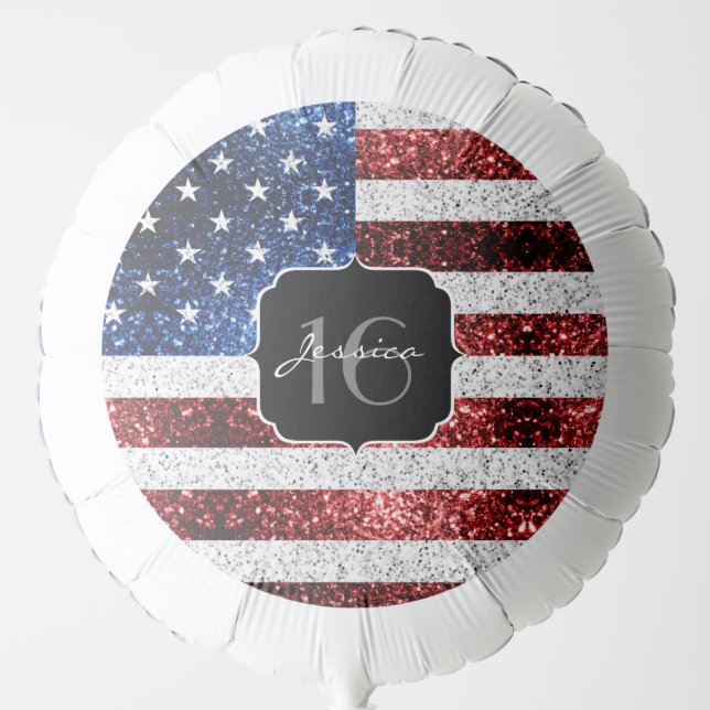 USA flag red white blue sparkles glitter Sweet 16 Balloon (Front)