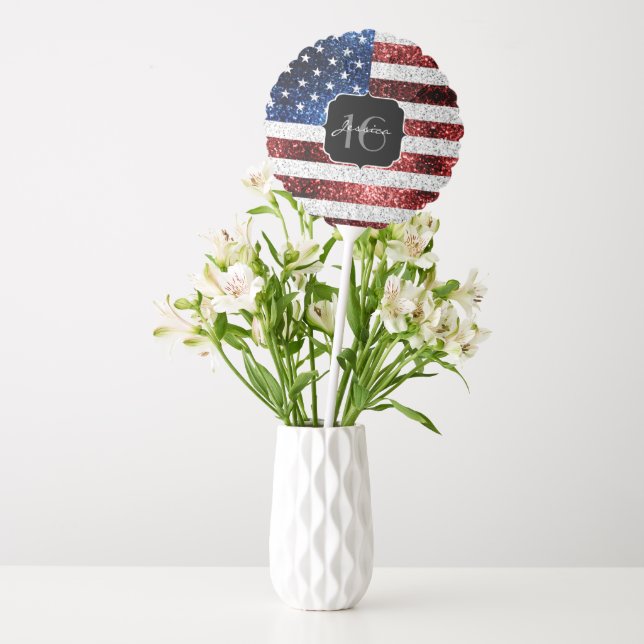 USA flag red white blue sparkles glitter Sweet 16 Balloon (Vase)