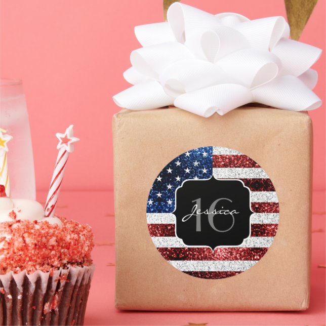 USA flag red white blue sparkles glitter Sweet 16 Classic Round Sticker (Party)