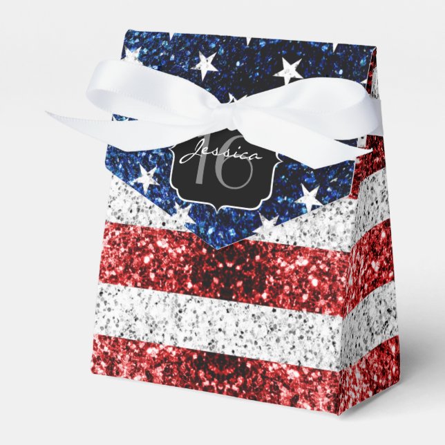 USA flag red white blue sparkles glitter Sweet 16 Favor Boxes (Front Side)