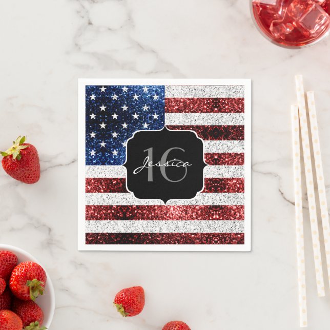 USA flag red white blue sparkles glitter Sweet 16 Napkins (Insitu)