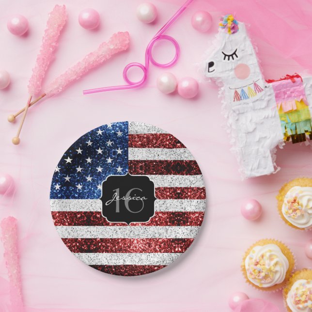 USA flag red white blue sparkles glitter Sweet 16 Paper Plates (Party)
