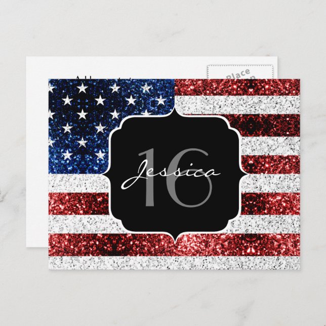 USA flag red white blue sparkles glitter Sweet 16 Postcard (Front/Back)