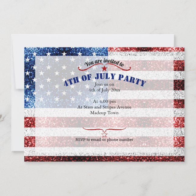 USA flag red white blue sparkles glitters 4th July Invitation (Front)