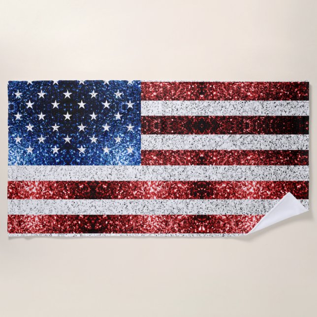 USA flag red white blue sparkles glitters Beach Towel (Front)