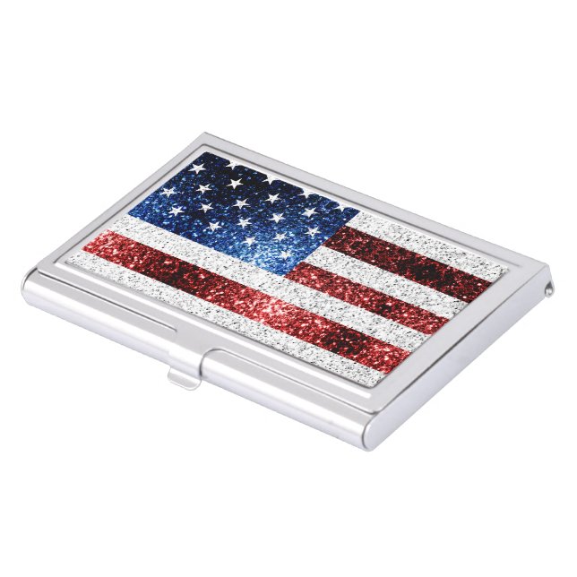 USA flag red white blue sparkles glitters Business Card Case (Front)