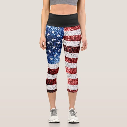 USA flag red white blue sparkles glitters Capri Leggings