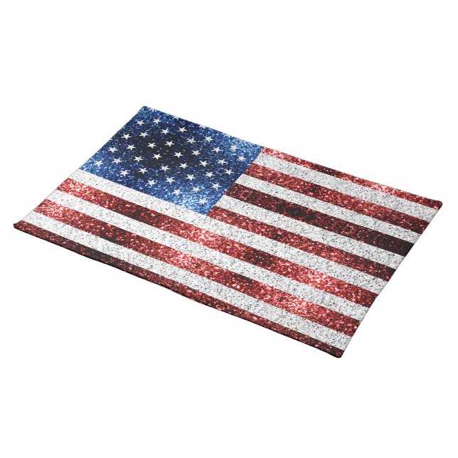 USA flag red white blue sparkles glitters Cloth Placemat (On Table)
