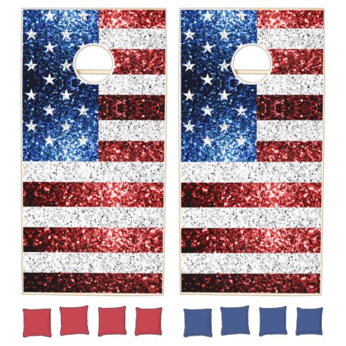 USA flag red white blue sparkles glitters Cornhole Set