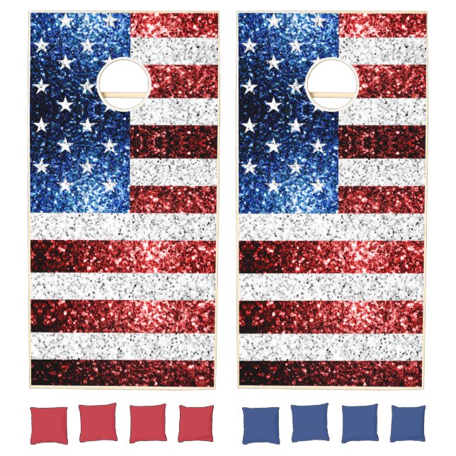 USA flag red white blue sparkles glitters Cornhole Set (Set)