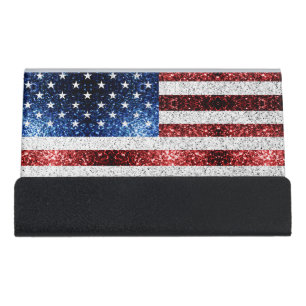 USA flag red white blue sparkles glitters Desk Business Card Holder