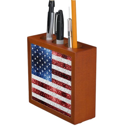 USA flag red white blue sparkles glitters Desk Organizer