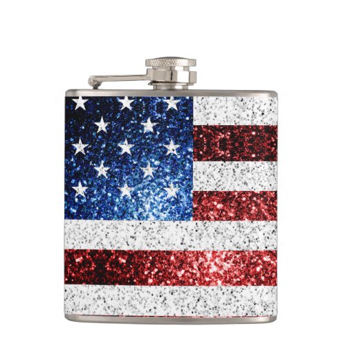 USA flag red white blue sparkles glitters Flask