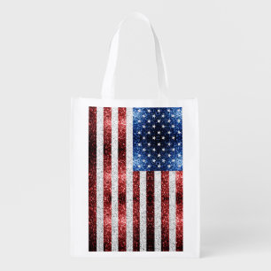 USA flag red white blue sparkles glitters Grocery Bag