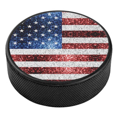 USA flag red white blue sparkles glitters Hockey Puck