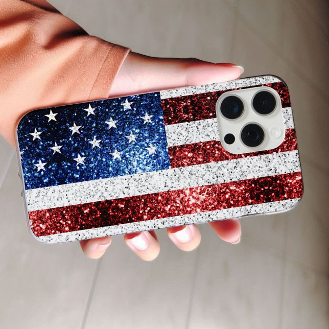 USA flag red white blue sparkles glitters iPhone Case (Sparkle up and protect your phone with trendy faux sparkles phone case. In many different colors.)