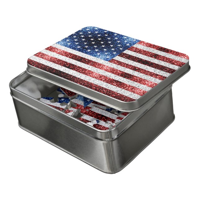 USA flag red white blue sparkles glitters Jigsaw Puzzle (Lid Open)