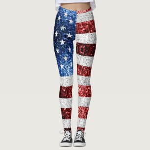 USA flag red white blue sparkles glitters Leggings