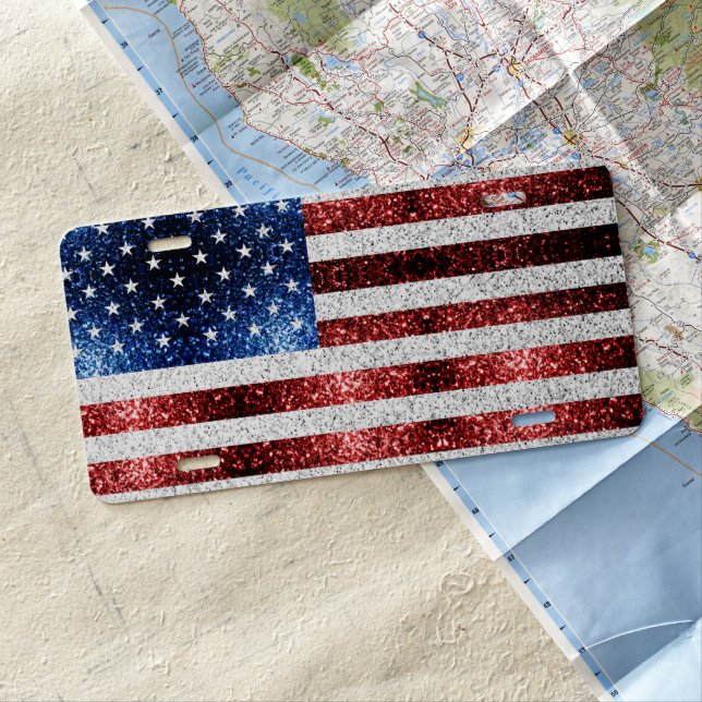 USA flag red white blue sparkles glitters License Plate (In Situ)