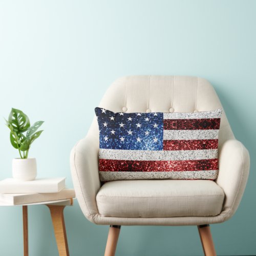 USA flag red white blue sparkles glitters Lumbar Pillow