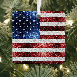 USA flag red white blue sparkles glitters Metal Ornament