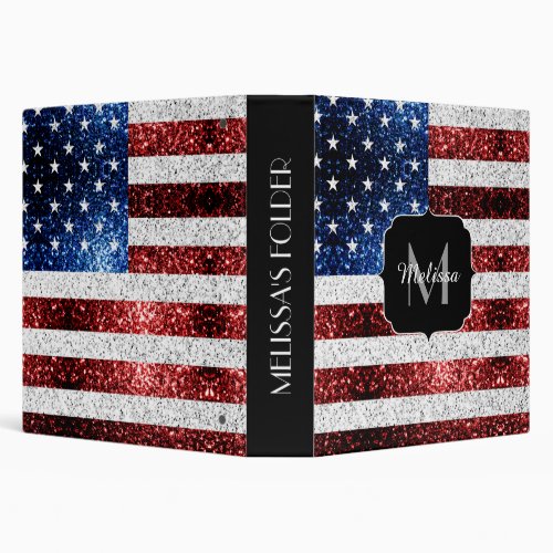 USA flag red white blue sparkles glitters Monogram 3 Ring Binder