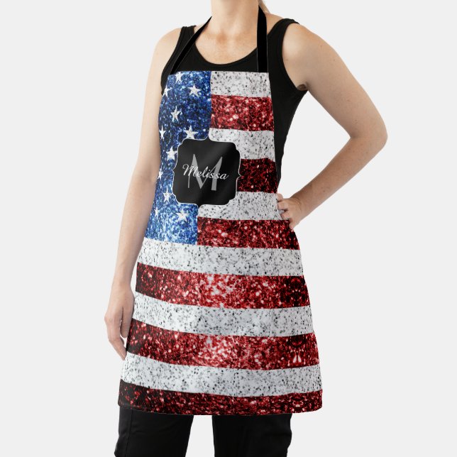 USA flag red white blue sparkles glitters Monogram Apron (Insitu)